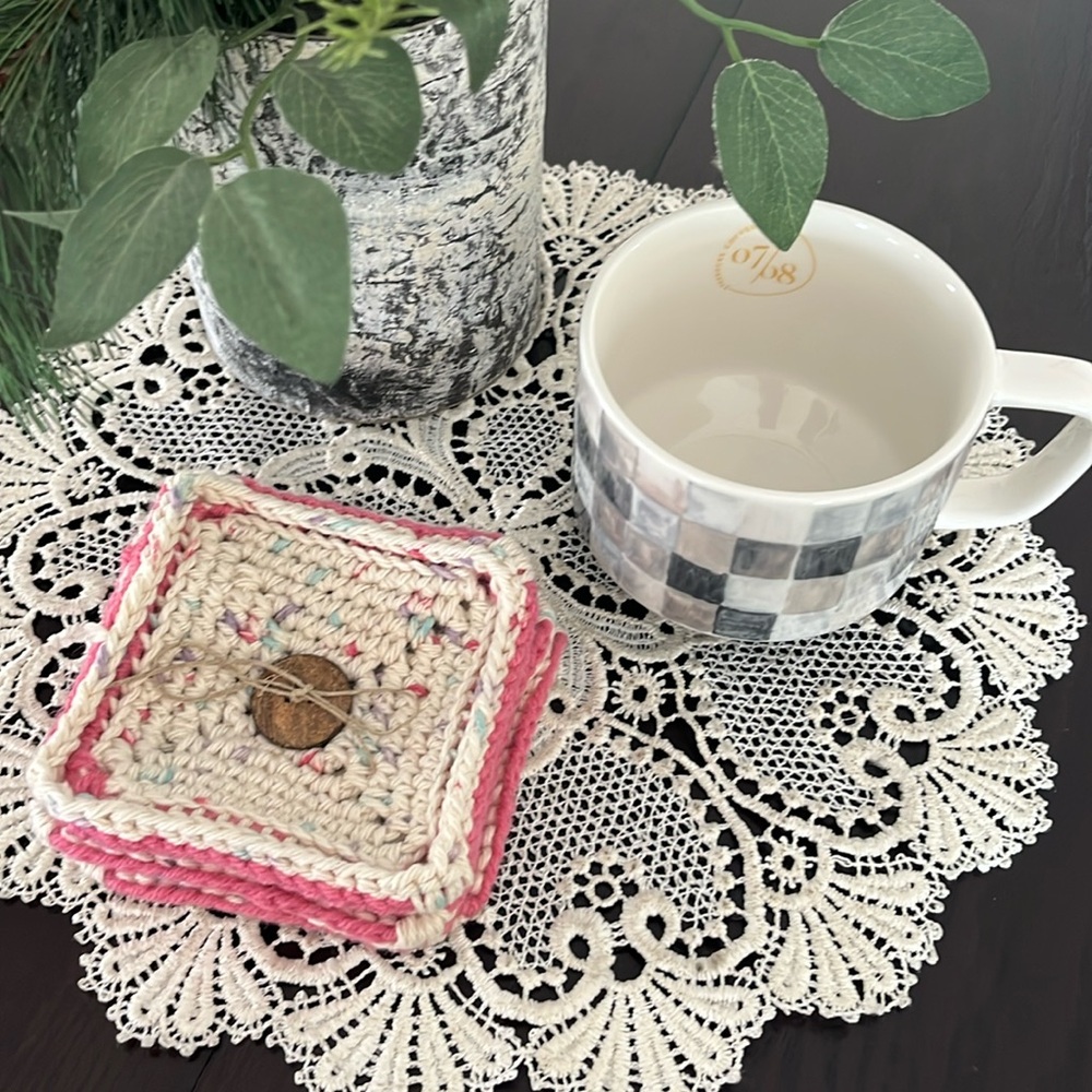 Set of 4 Handmade Crochet Pink & Cream Confetti Coaster Set, Square 4” for Mugs
